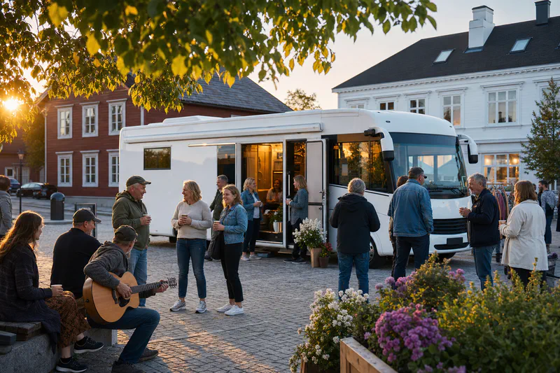 Folk samlet ved outreach-buss på et norsk torg i kveldssol.